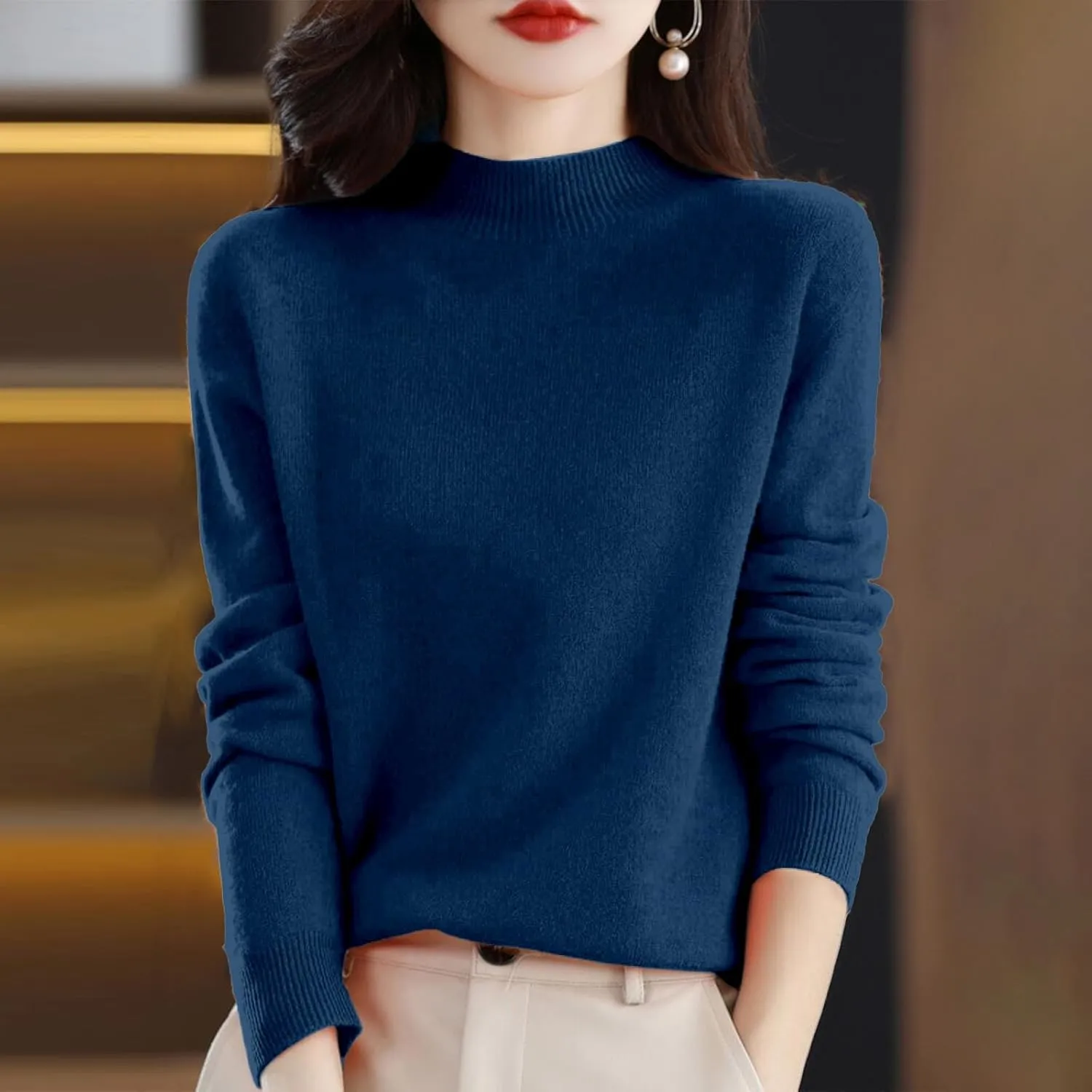 Womens Fleece Pullover Half Turtleneck Solid Color Basic Casual Sweater Tops Fashion Soft Knitted Long Sleeve Sweater