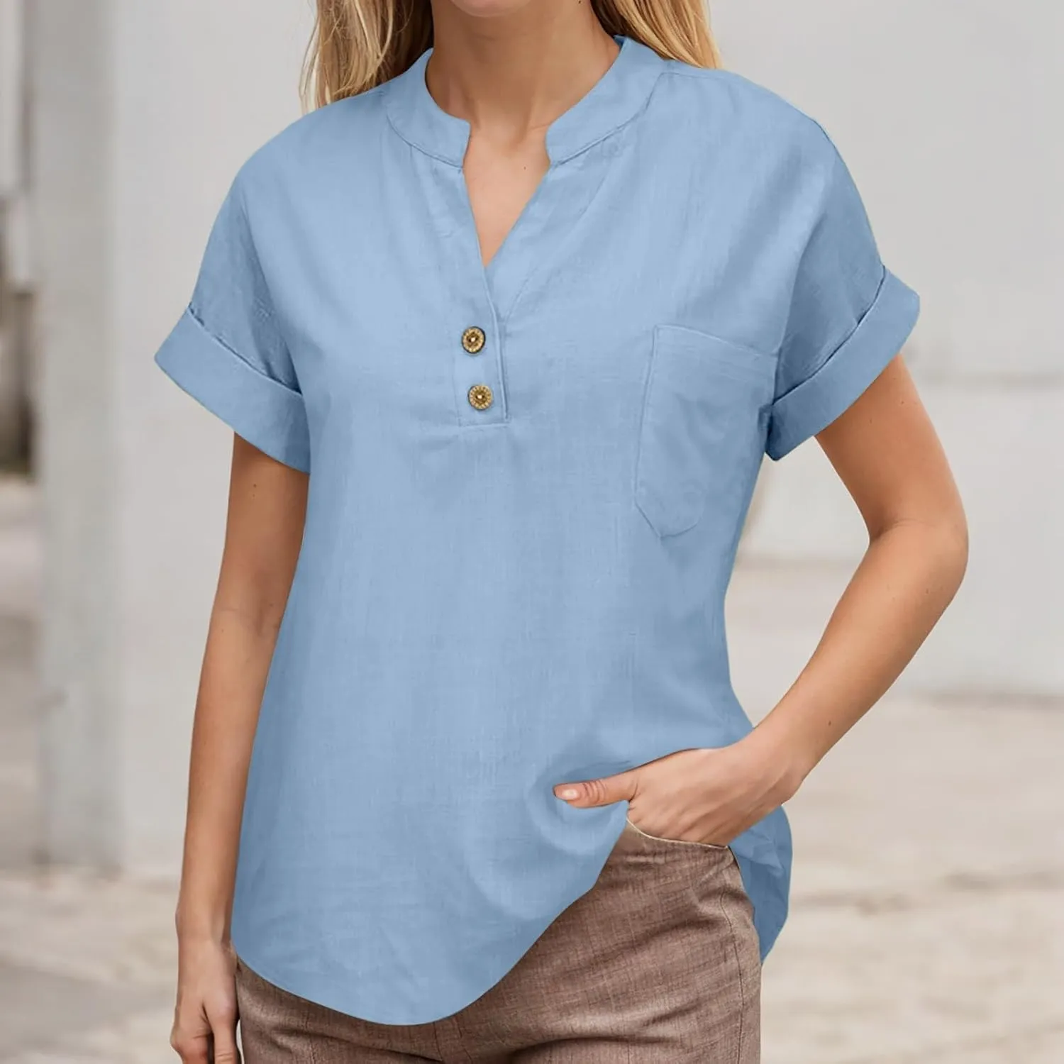 Women's Floral Print Linen Short Sleeve T Shirt Summer Basic Casual Oversized Blouses V-Neck Loose Tshirt