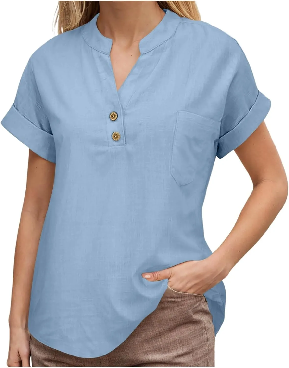 Women's Floral Print Linen Short Sleeve T Shirt Summer Basic Casual Oversized Blouses V-Neck Loose Tshirt