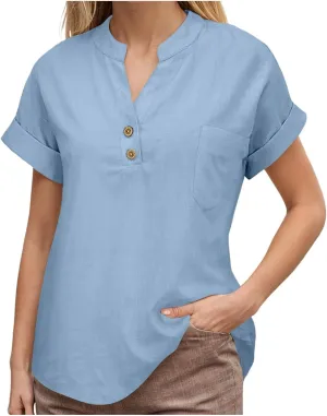 Women's Floral Print Linen Short Sleeve T Shirt Summer Basic Casual Oversized Blouses V-Neck Loose Tshirt