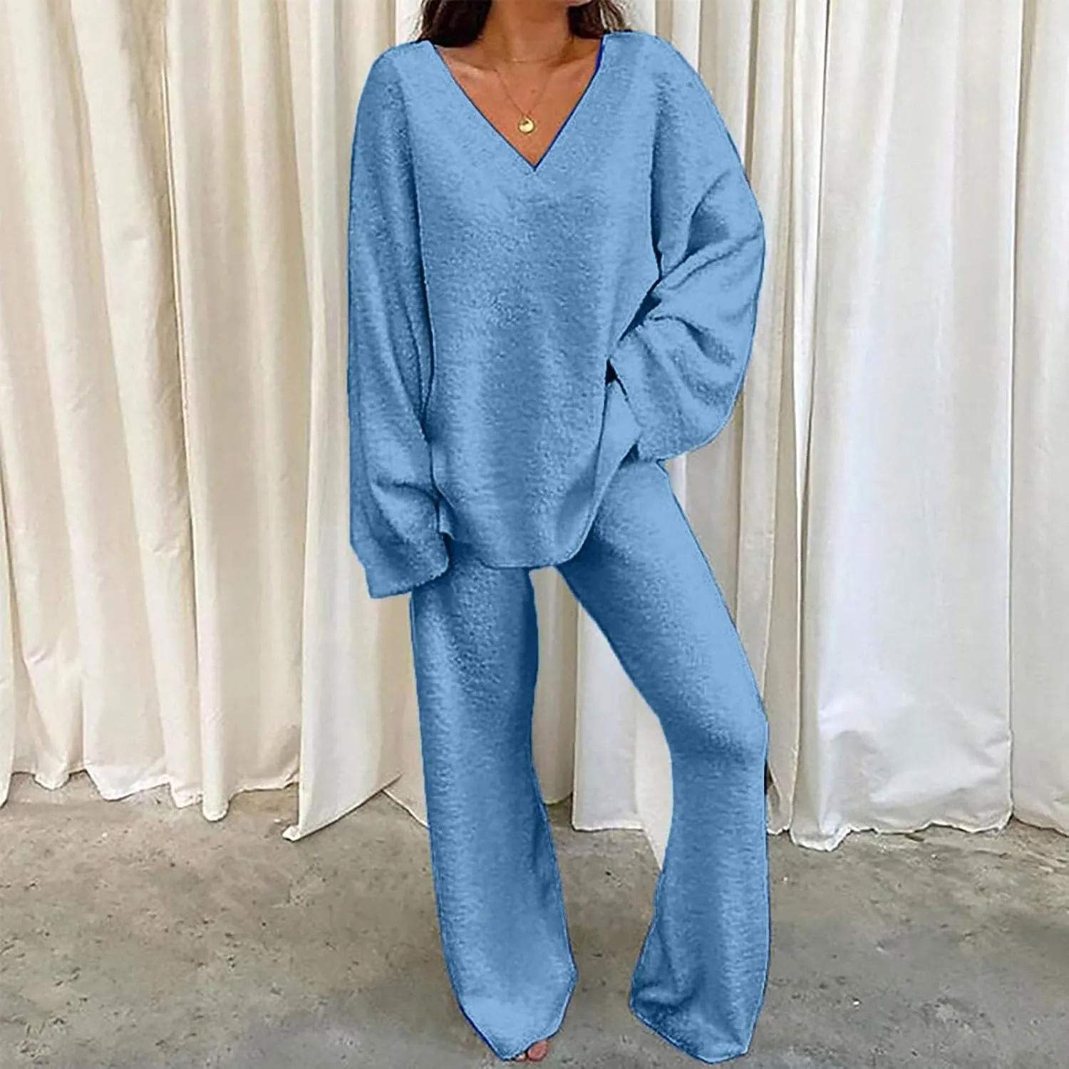 Womens Fuzzy Fleece Pajamas Sets 2 Piece Outfits Loose Tops and Pants Set Cozy Soft Warm Plush Loungewear Lounge Sets