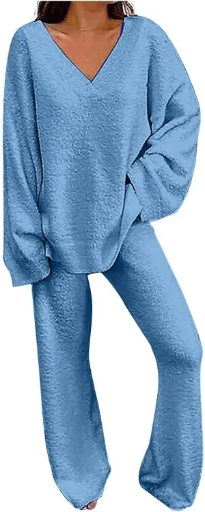 Womens Fuzzy Fleece Pajamas Sets 2 Piece Outfits Loose Tops and Pants Set Cozy Soft Warm Plush Loungewear Lounge Sets