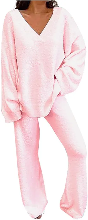 Womens Fuzzy Fleece Pajamas Sets 2 Piece Outfits Loose Tops and Pants Set Cozy Soft Warm Plush Loungewear Lounge Sets