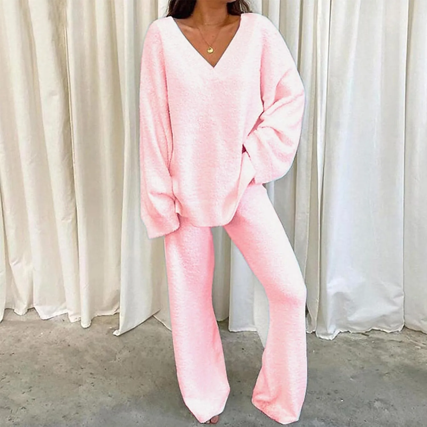 Womens Fuzzy Fleece Pajamas Sets 2 Piece Outfits Loose Tops and Pants Set Cozy Soft Warm Plush Loungewear Lounge Sets