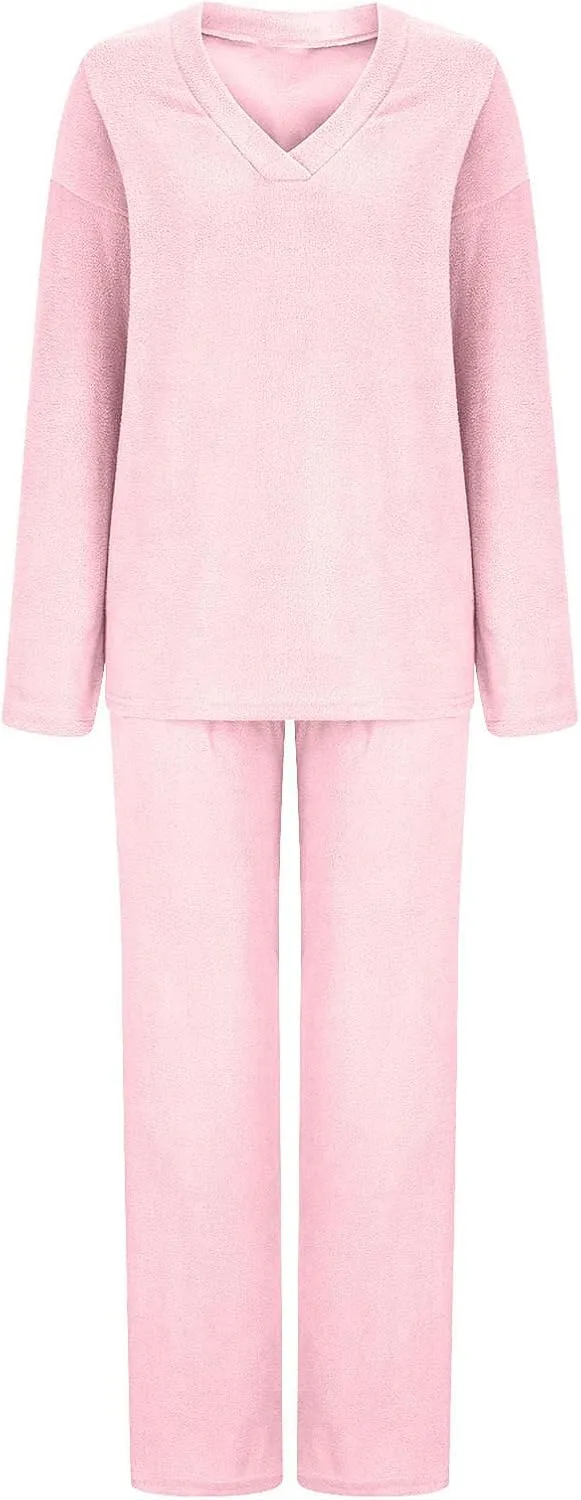 Womens Fuzzy Fleece Pajamas Sets 2 Piece Outfits Loose Tops and Pants Set Cozy Soft Warm Plush Loungewear Lounge Sets