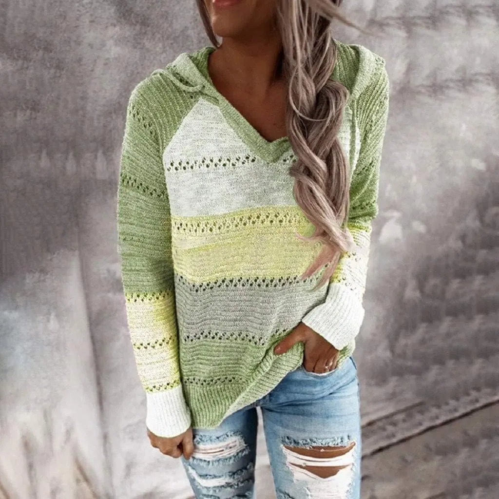 Womens Hoodies Striped Color Block V Neck Knit Fall Pullover Sweater Loose Long Sleeve Drawstring Sweatshirts Tops