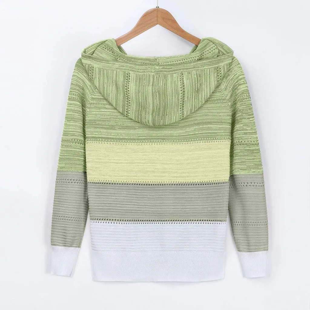 Womens Hoodies Striped Color Block V Neck Knit Fall Pullover Sweater Loose Long Sleeve Drawstring Sweatshirts Tops