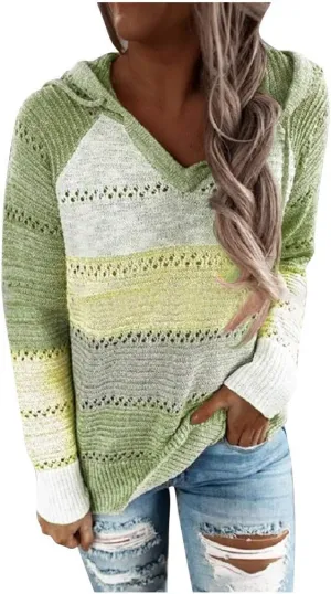 Womens Hoodies Striped Color Block V Neck Knit Fall Pullover Sweater Loose Long Sleeve Drawstring Sweatshirts Tops