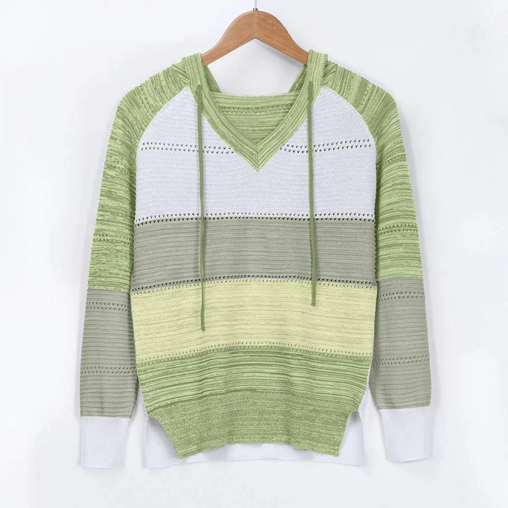 Womens Hoodies Striped Color Block V Neck Knit Fall Pullover Sweater Loose Long Sleeve Drawstring Sweatshirts Tops