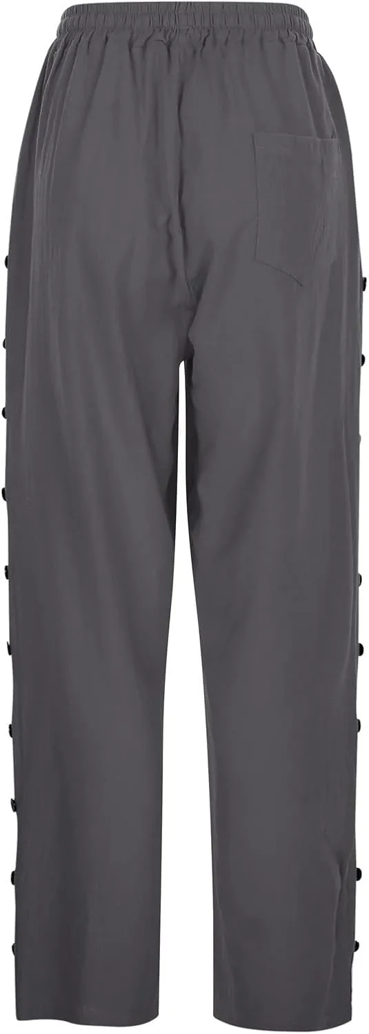 Women's Linen Pants with Side Buttons Summer Casual Lightweight Elastic Hight Waist Drawstring Loose Trousers