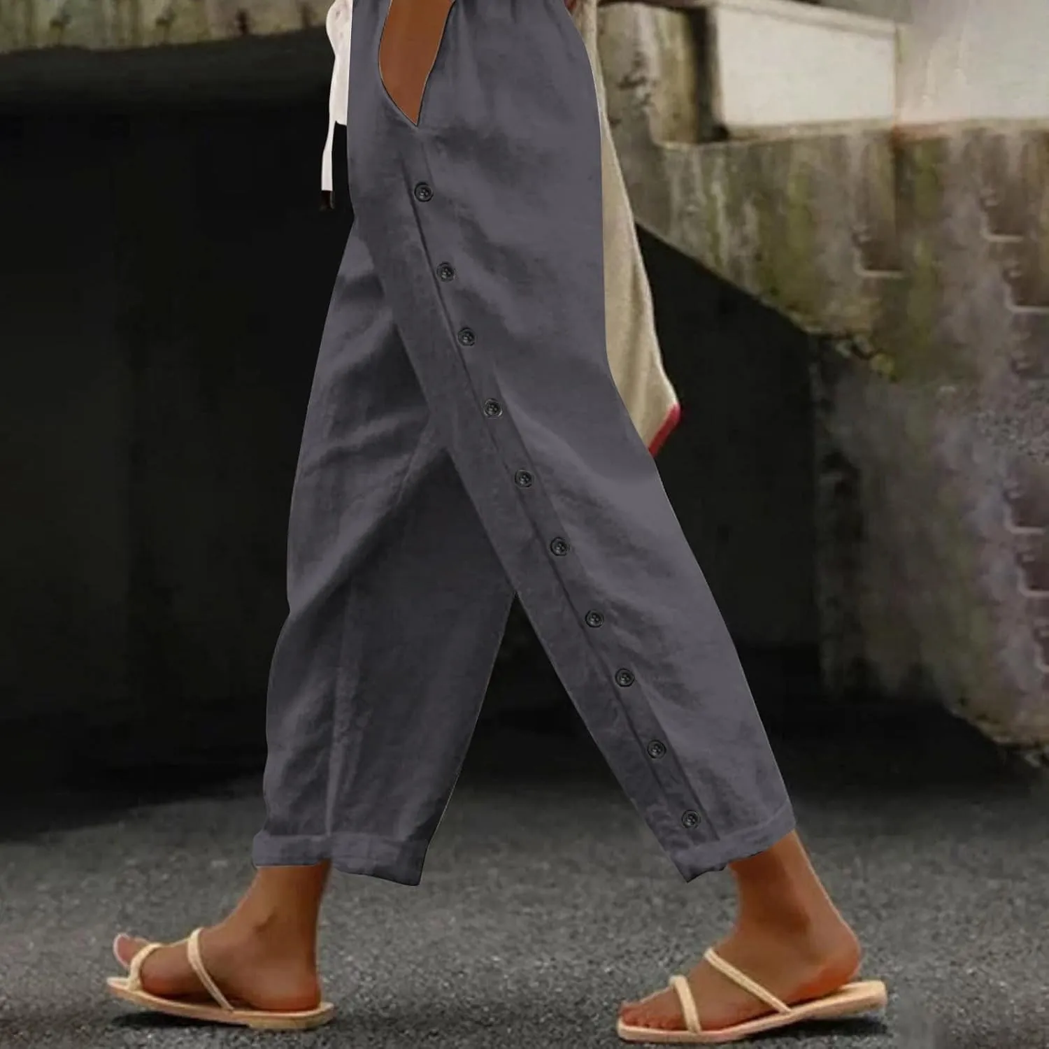 Women's Linen Pants with Side Buttons Summer Casual Lightweight Elastic Hight Waist Drawstring Loose Trousers