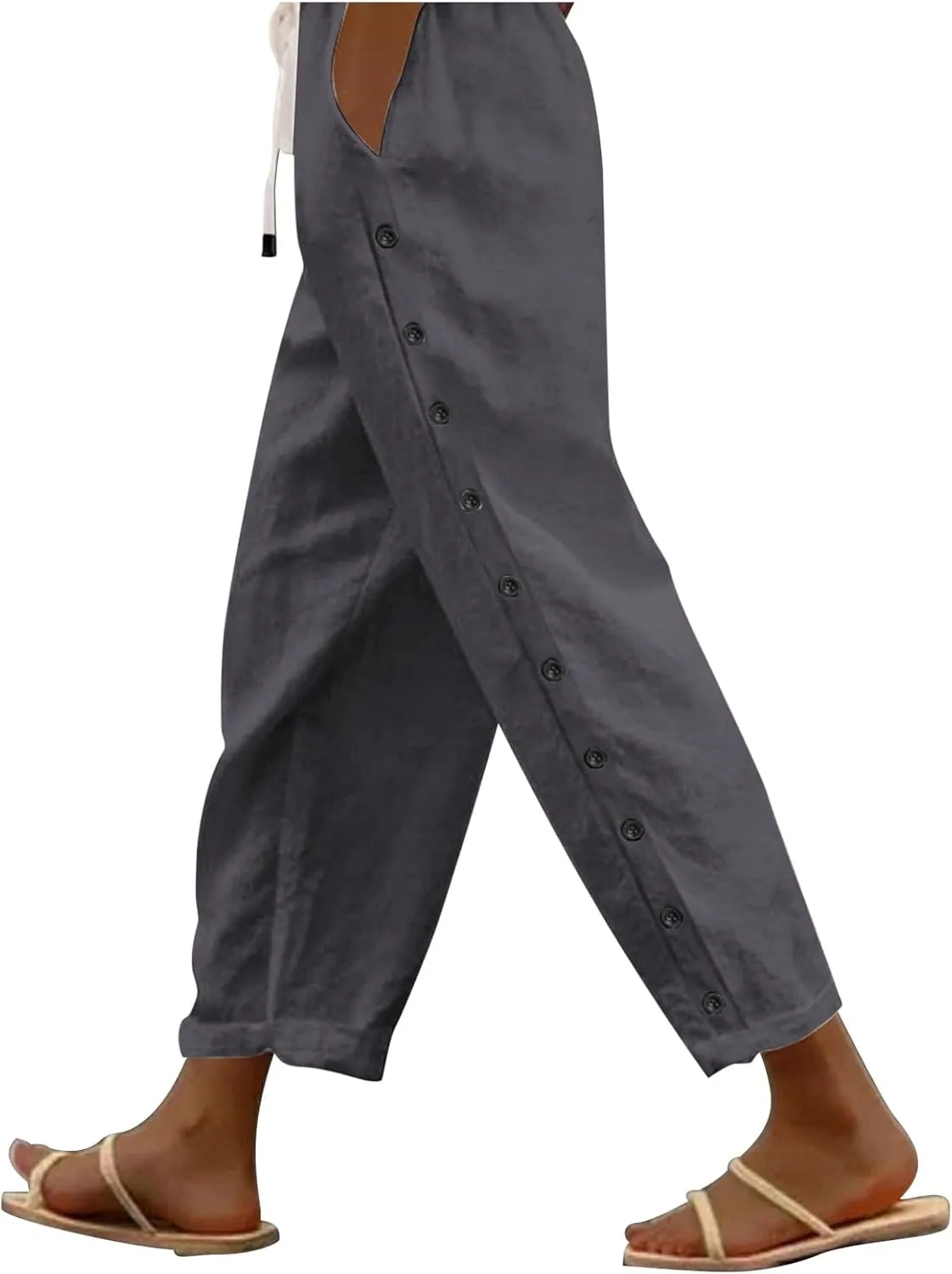 Women's Linen Pants with Side Buttons Summer Casual Lightweight Elastic Hight Waist Drawstring Loose Trousers