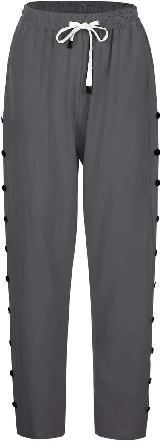 Women's Linen Pants with Side Buttons Summer Casual Lightweight Elastic Hight Waist Drawstring Loose Trousers