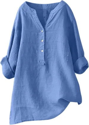 Womens Linen Shirts Summer Cotton Linen Plain Short Sleeve Tunic Top Casual Oversized Dressy V Neck Blouse