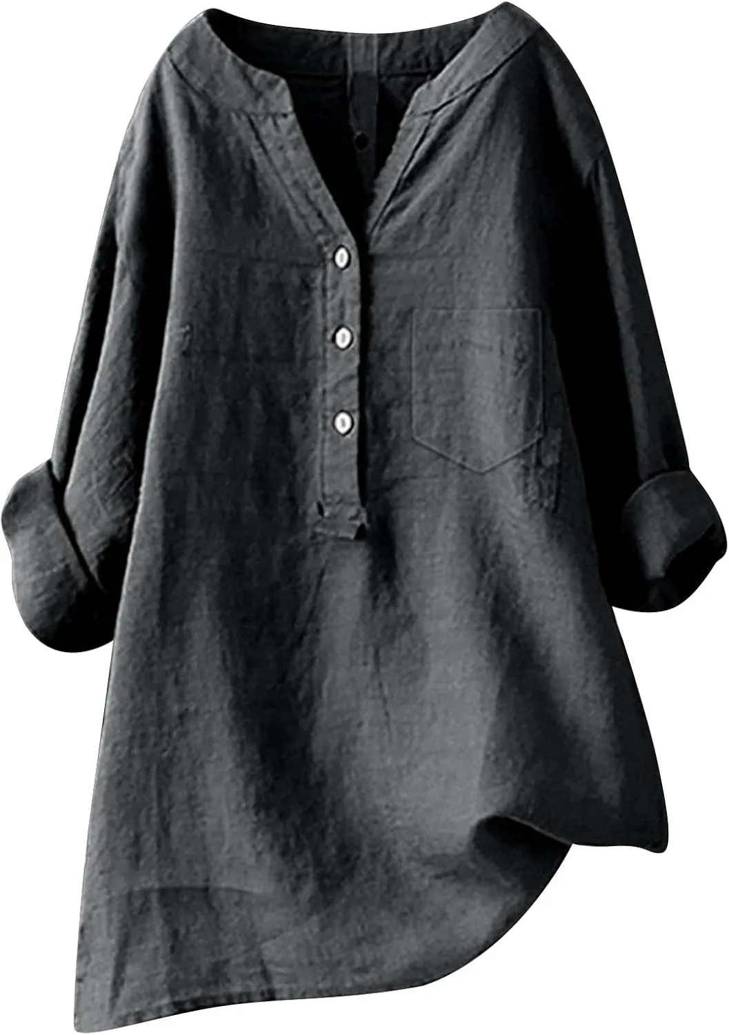 Women's Linen Shirts Summer Cotton Linen Solid Color Long Sleeve T Shirts Casual Loose Beach V Neck Tee Top