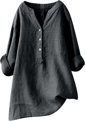 Women's Linen Shirts Summer Cotton Linen Solid Color Long Sleeve T Shirts Casual Loose Beach V Neck Tee Top
