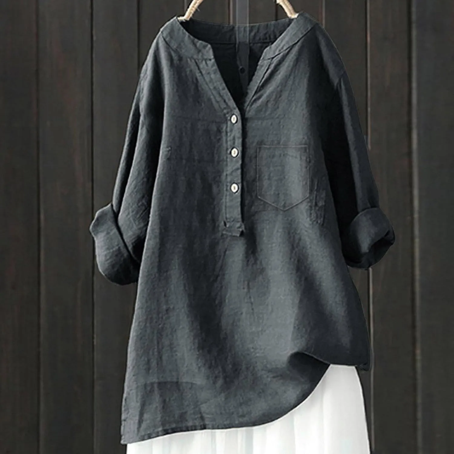 Women's Linen Shirts Summer Cotton Linen Solid Color Long Sleeve T Shirts Casual Loose Beach V Neck Tee Top