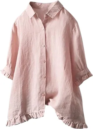 Womens Linen Shirts V Neck Button Blouse Collar Soft Tee Top Short Sleeve Loose Fit T-Shirts