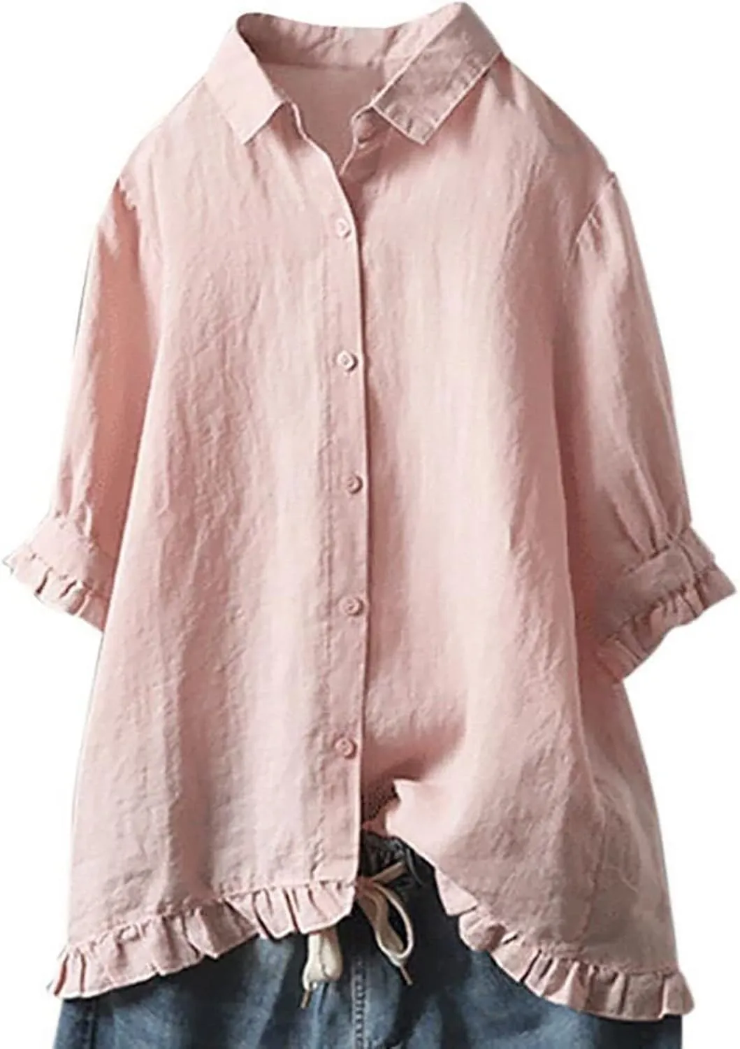 Womens Linen Shirts V Neck Button Blouse Collar Soft Tee Top Short Sleeve Loose Fit T-Shirts
