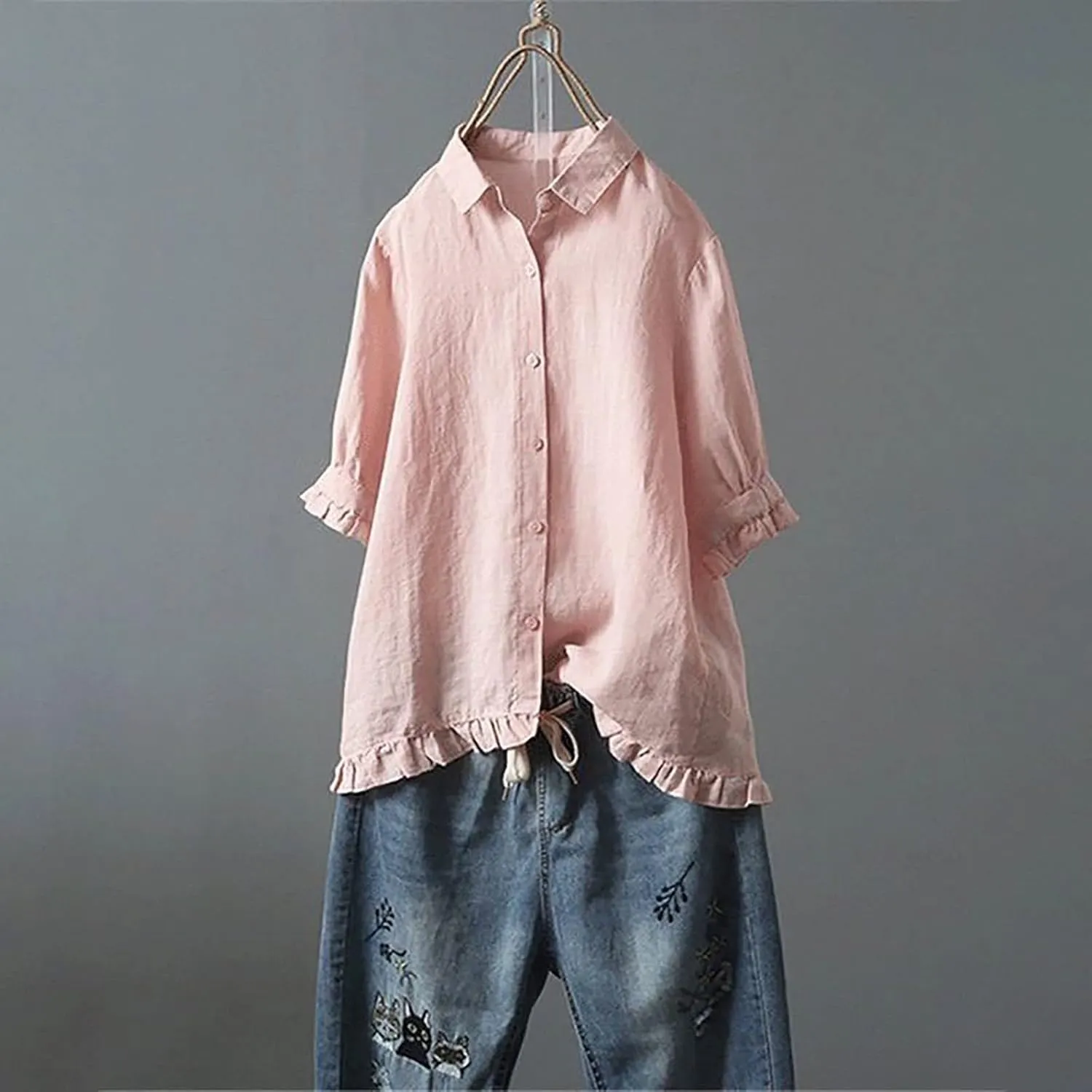 Womens Linen Shirts V Neck Button Blouse Collar Soft Tee Top Short Sleeve Loose Fit T-Shirts