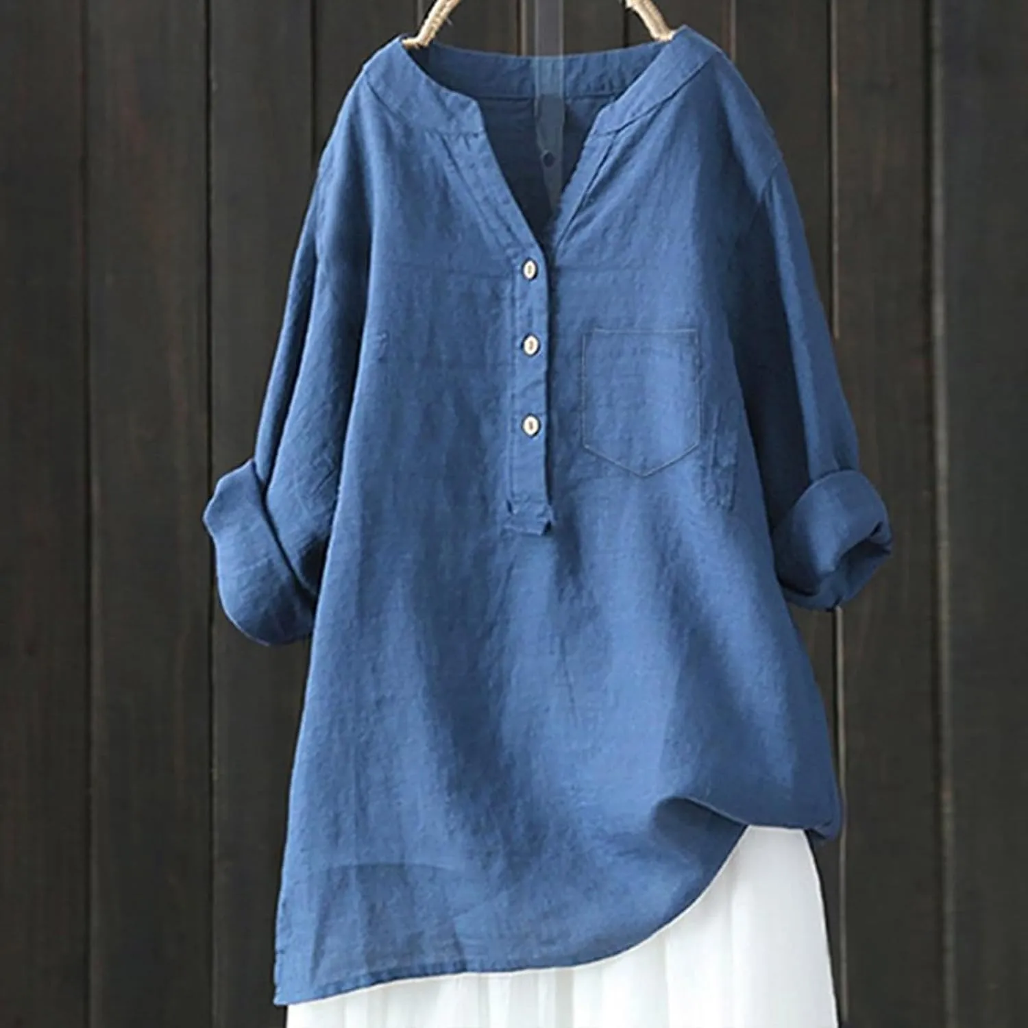 Womens Linen Shirts V Neck Button Up Blouse Solid Color Comfy Tops Long Sleeve Loose T Shirt