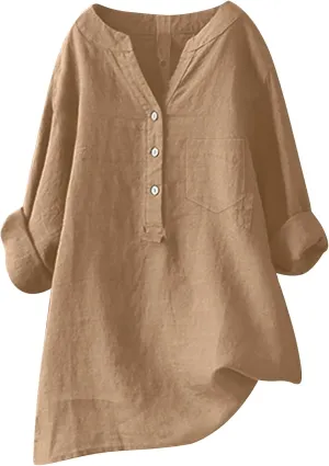 Womens Linen Shirts V Neck Button Up Blouse Solid Color Comfy Tops Long Sleeve Loose T Shirt