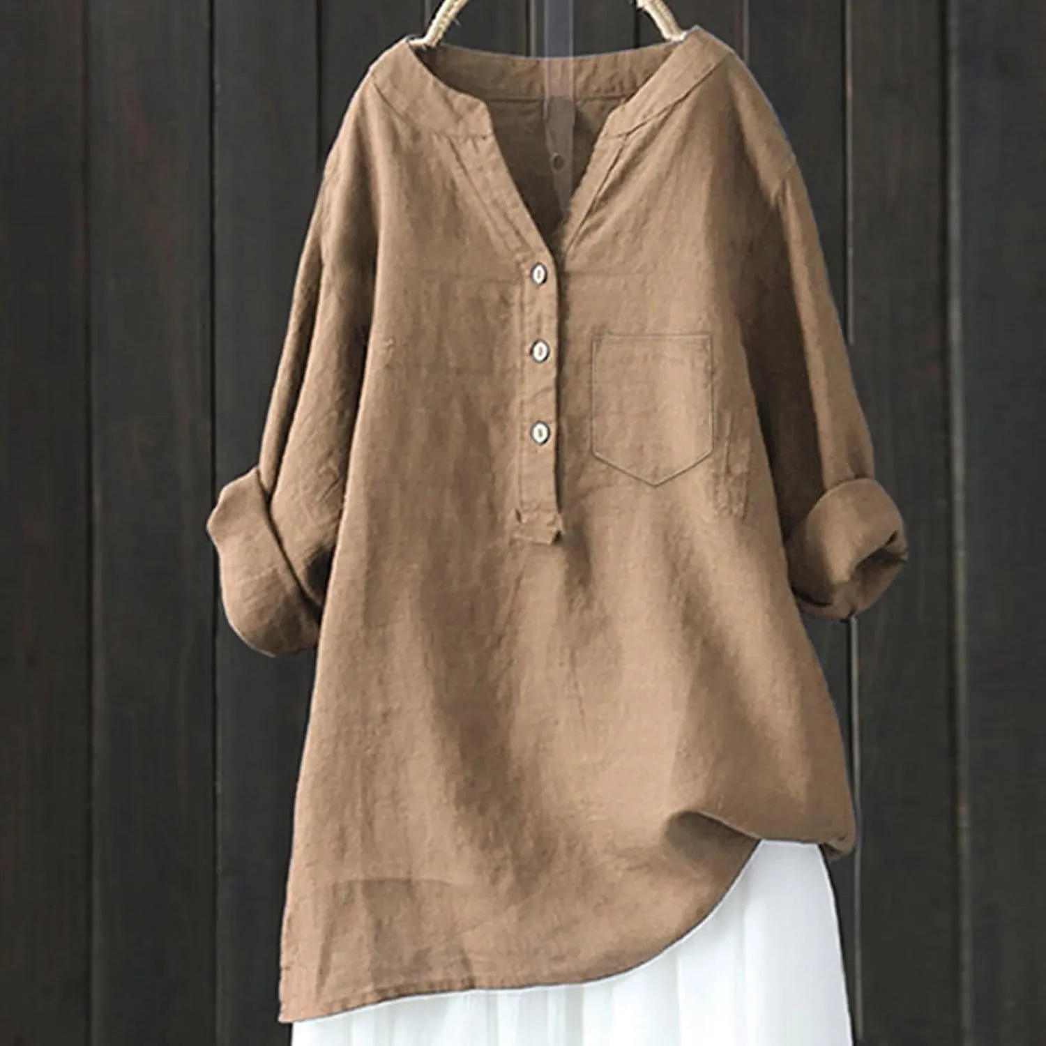 Womens Linen Shirts V Neck Button Up Blouse Solid Color Comfy Tops Long Sleeve Loose T Shirt