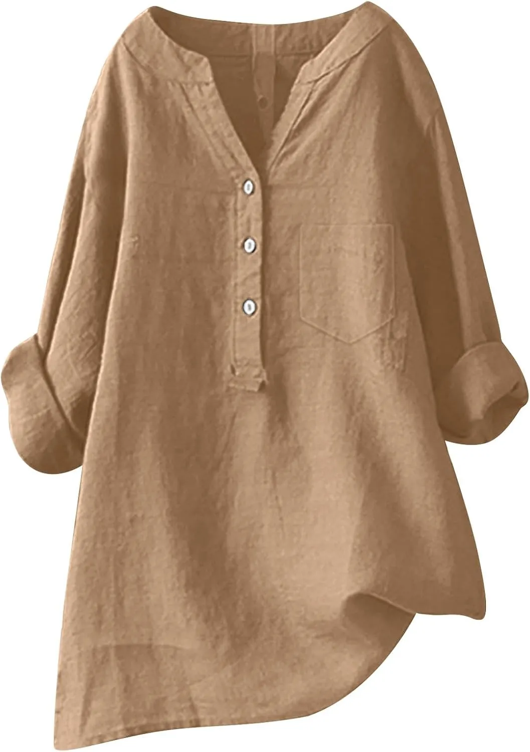 Womens Linen Shirts V Neck Button Up Blouse Solid Color Comfy Tops Long Sleeve Loose T Shirt