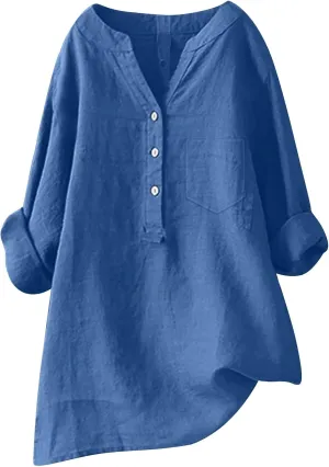 Womens Linen Shirts V Neck Button Up Blouse Solid Color Comfy Tops Long Sleeve Loose T Shirt