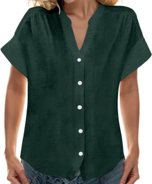 Womens Linen Shirts V Neck Buttons Blouses Solid Color Oversized Tops Short Sleeve Loose Fit Tunic Top