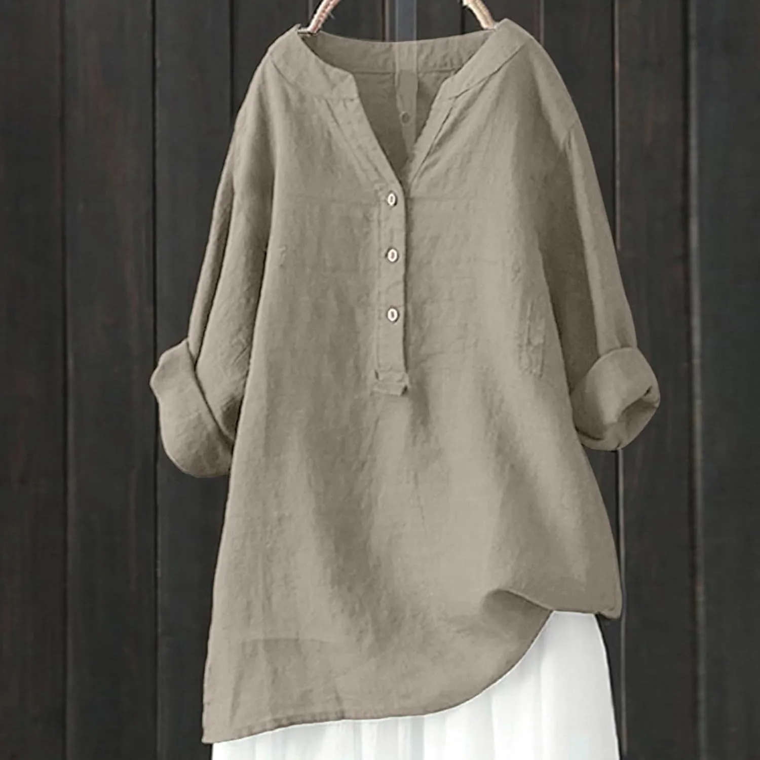 Women's Linen Shirts V-Neck Buttons Blouses Solid Oversized Tops Short Sleeve Loose T-Shirts