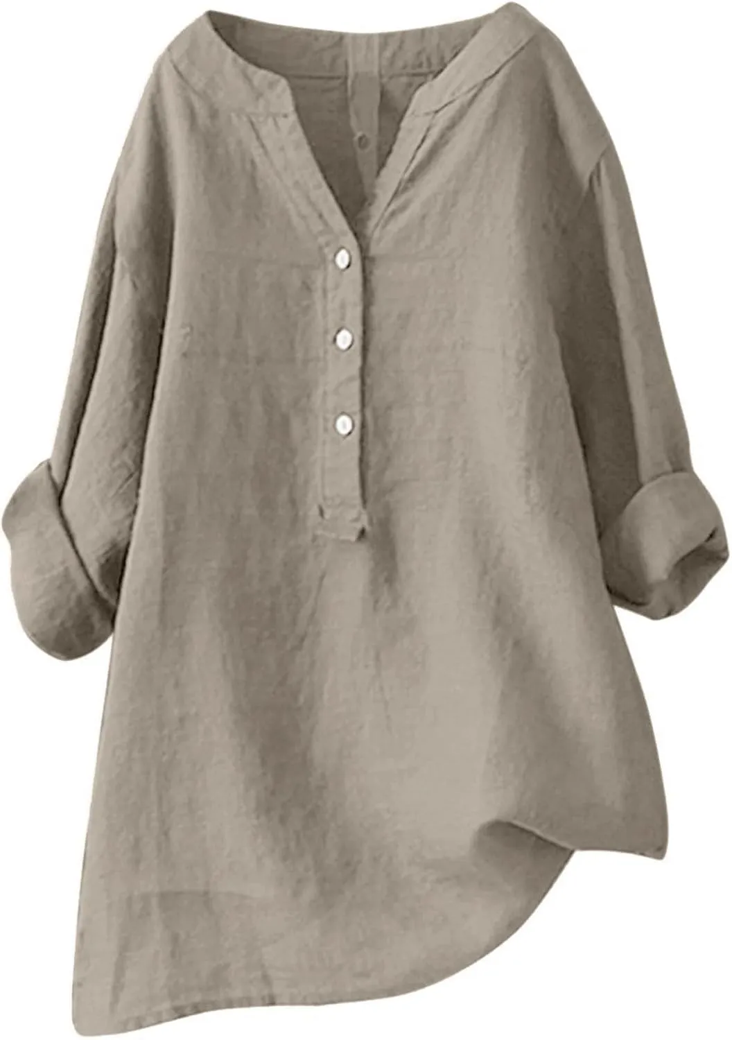 Women's Linen Shirts V-Neck Buttons Blouses Solid Oversized Tops Short Sleeve Loose T-Shirts