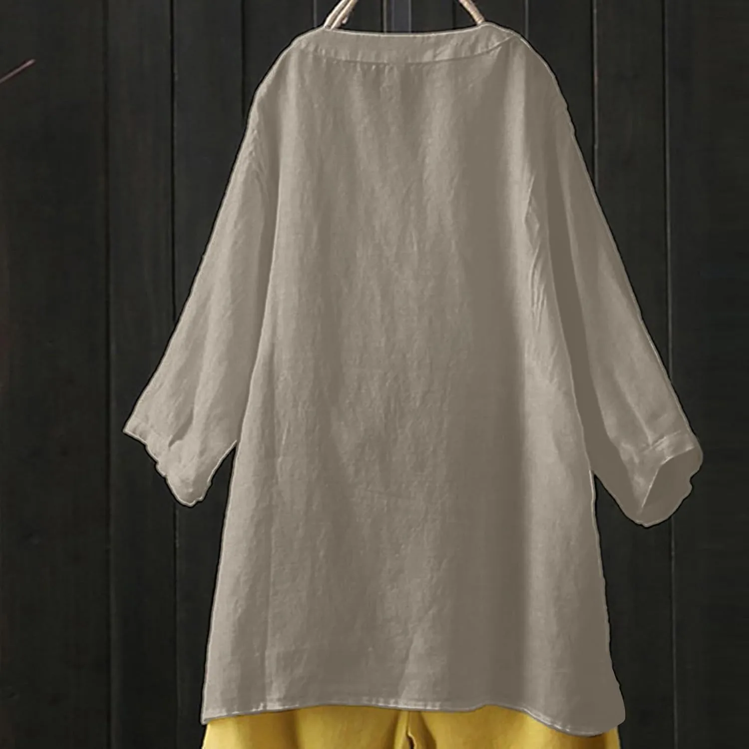Women's Linen Shirts V-Neck Buttons Blouses Solid Oversized Tops Short Sleeve Loose T-Shirts