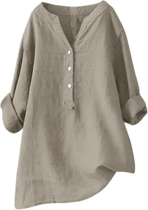 Women's Linen Shirts V-Neck Buttons Blouses Solid Oversized Tops Short Sleeve Loose T-Shirts