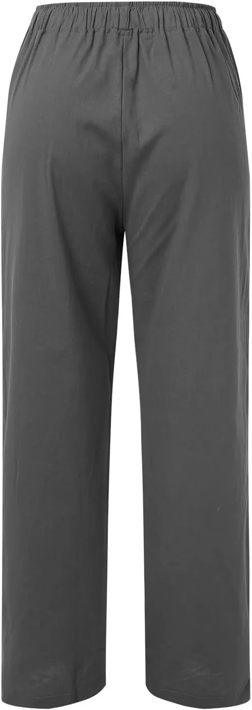 Women's Linen Summer Palazzo Pants Flowy Wide Leg Beach Pants Elastic High Waisted Button Trousers with Pocket