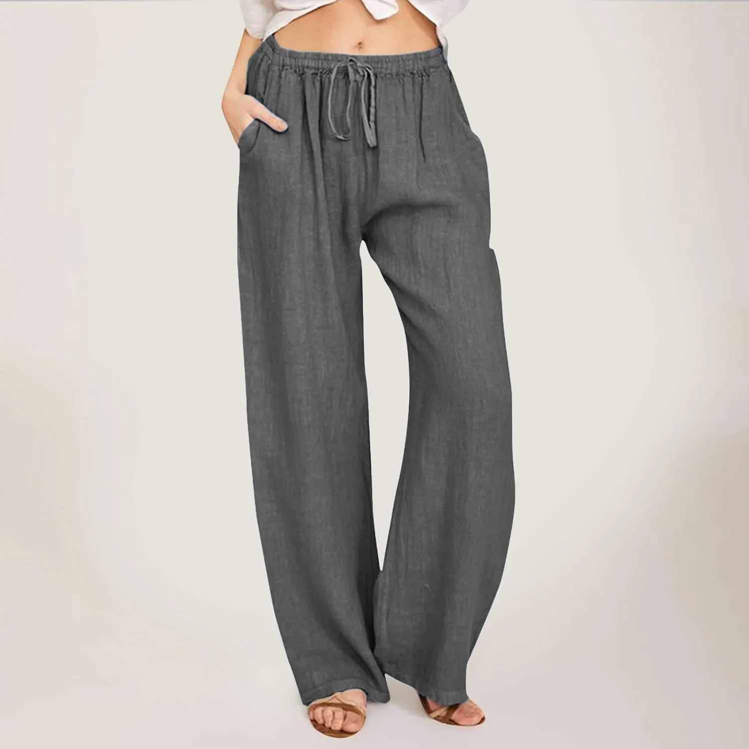 Women's Linen Summer Palazzo Pants Flowy Wide Leg Beach Pants Elastic High Waisted Button Trousers with Pocket