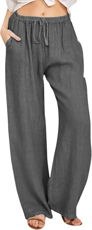 Women's Linen Summer Palazzo Pants Flowy Wide Leg Beach Pants Elastic High Waisted Button Trousers with Pocket