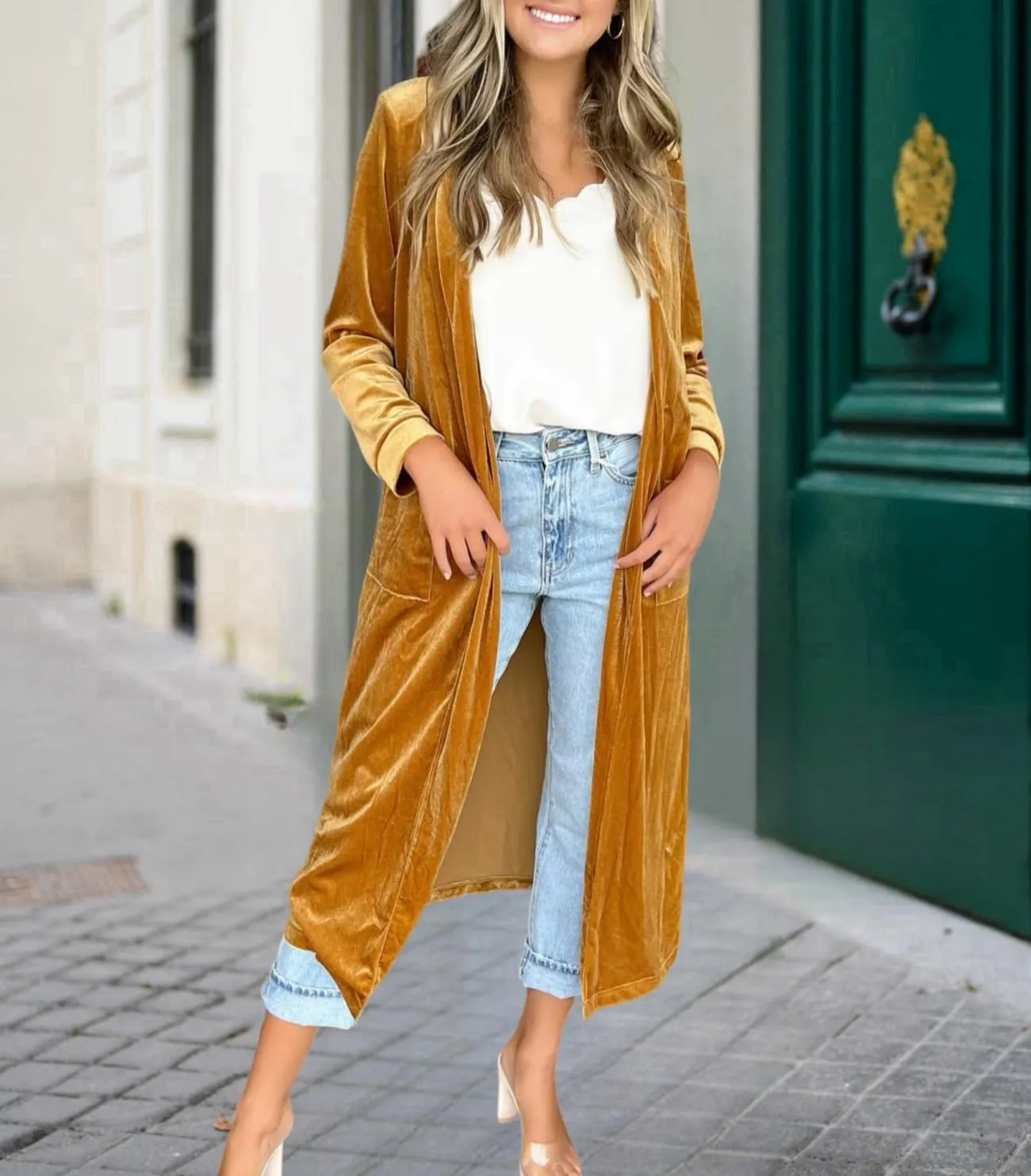 Women's Long Velvet Cardigan Jacket Casual Open Front Lapel Cardigan Maxi Blazer Duster Sweater with Pocket