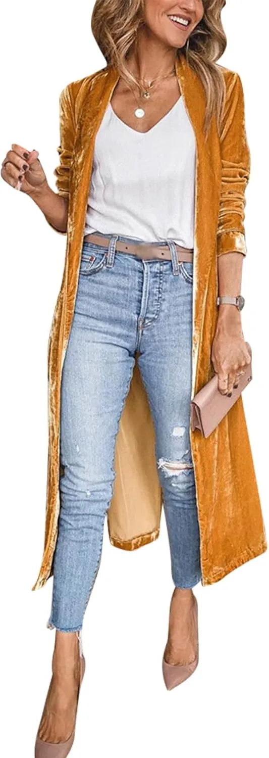 Women's Long Velvet Cardigan Jacket Casual Open Front Lapel Cardigan Maxi Blazer Duster Sweater with Pocket