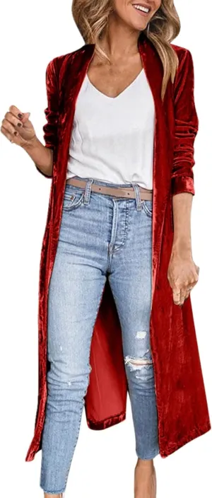 Women's Long Velvet Cardigan Jacket Casual Open Front Lapel Cardigan Maxi Blazer Duster Sweater with Pocket