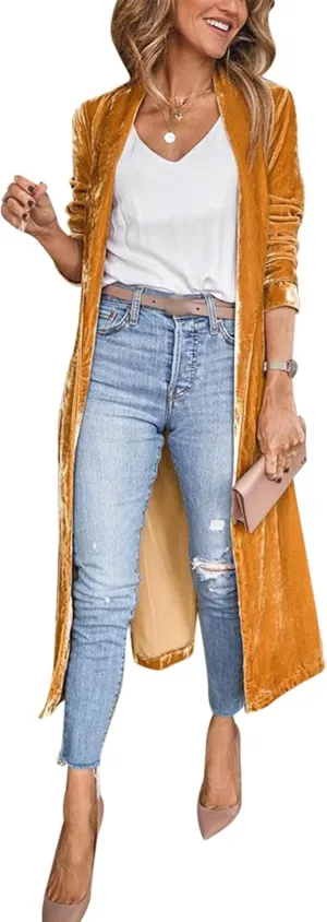 Women's Long Velvet Cardigan Jacket Casual Open Front Lapel Cardigan Maxi Blazer Duster Sweater with Pocket