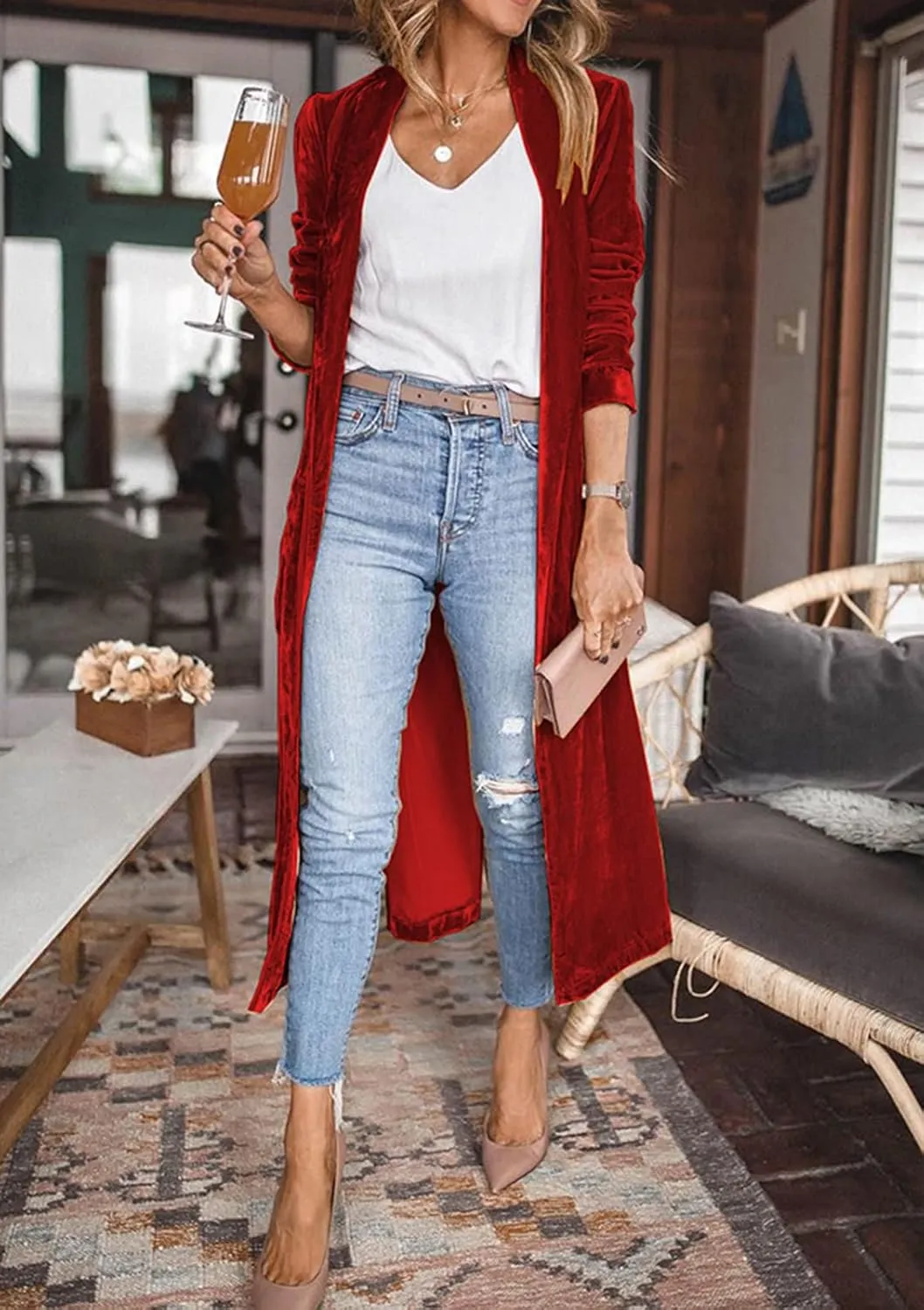 Women's Long Velvet Cardigan Jacket Casual Open Front Lapel Cardigan Maxi Blazer Duster Sweater with Pocket