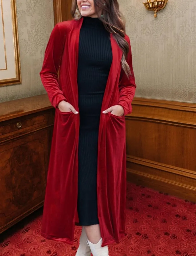 Women's Long Velvet Cardigan Jacket Casual Open Front Lapel Cardigan Maxi Blazer Duster Sweater with Pocket