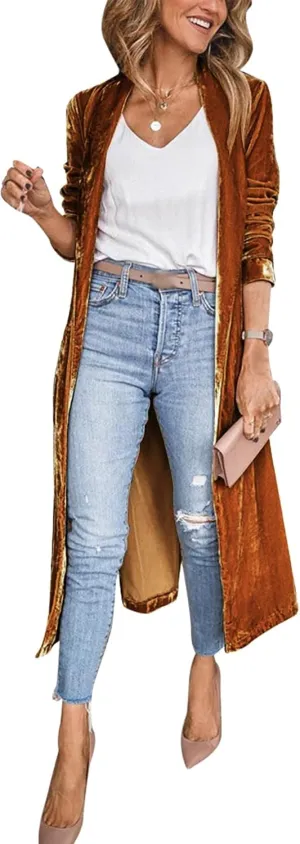 Women's Long Velvet Cardigan Jacket Casual Open Front Lapel Cardigan Maxi Blazer Duster Sweater with Pocket