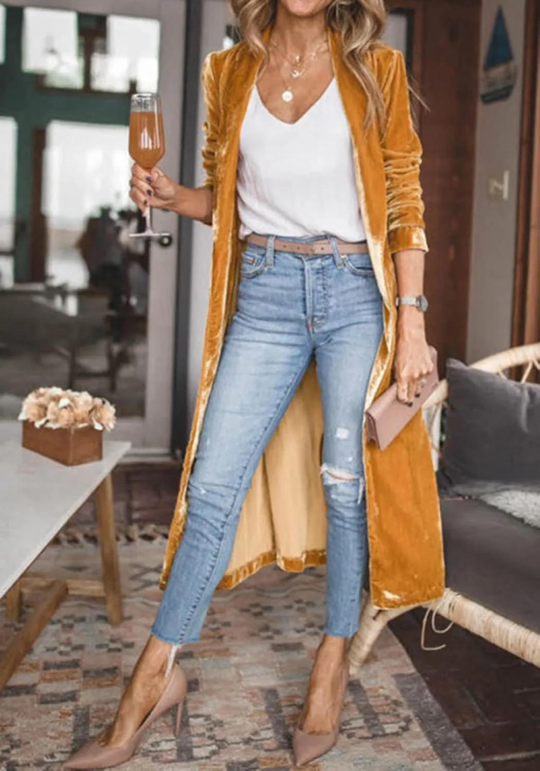 Women's Long Velvet Cardigan Jacket Casual Open Front Lapel Cardigan Maxi Blazer Duster Sweater with Pocket