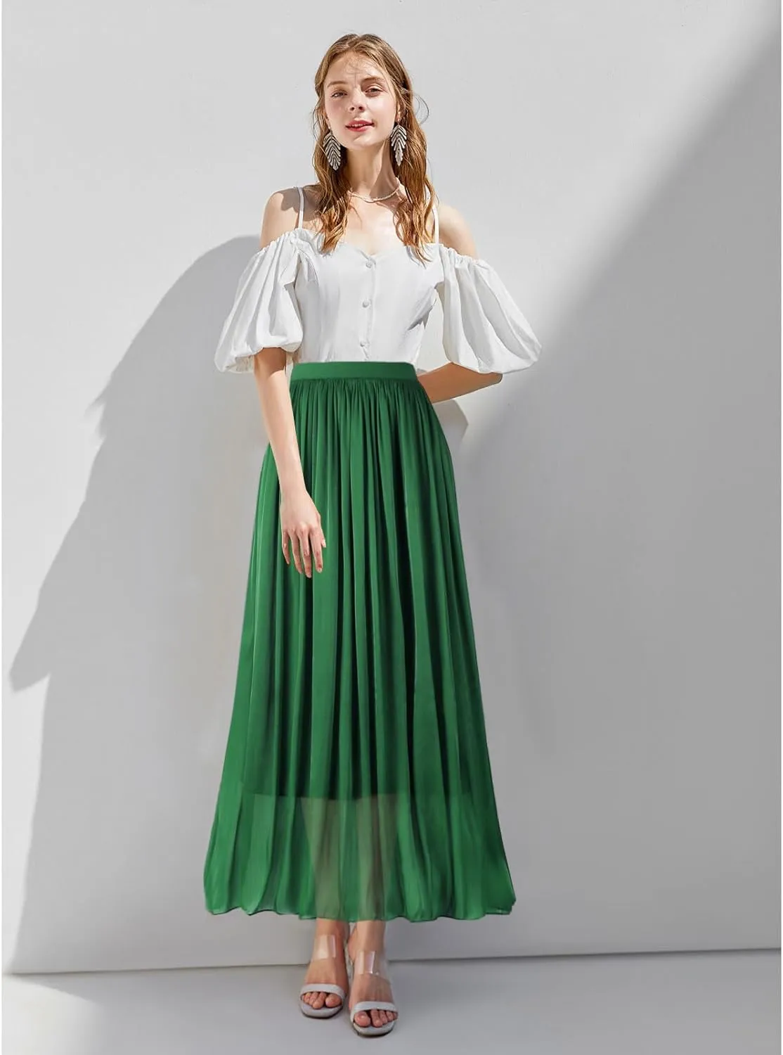 Women's Metallic Shiny Maxi Skirts Lightweight Silky Flowy Skirt for Summer Beach Holiday