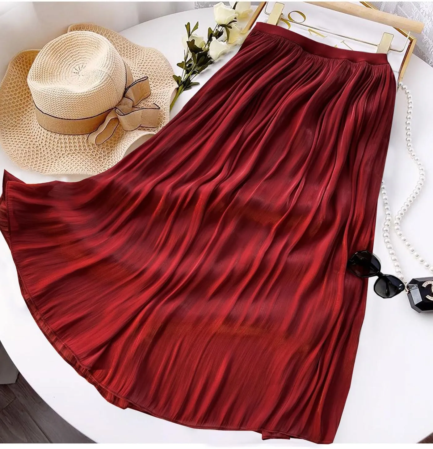 Women's Metallic Shiny Maxi Skirts Lightweight Silky Flowy Skirt for Summer Beach Holiday