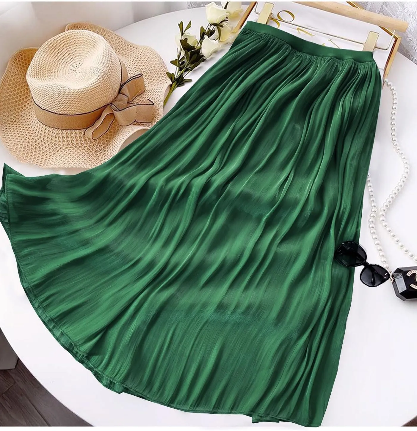 Women's Metallic Shiny Maxi Skirts Lightweight Silky Flowy Skirt for Summer Beach Holiday