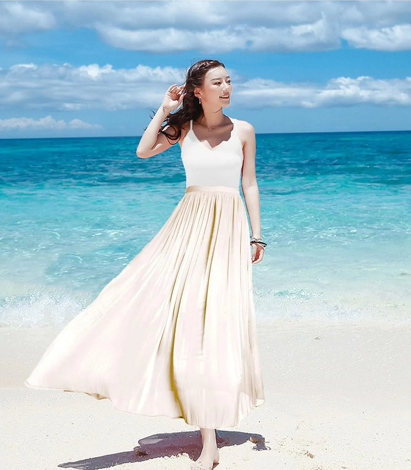 Women's Metallic Shiny Maxi Skirts Lightweight Silky Flowy Skirt for Summer Beach Holiday