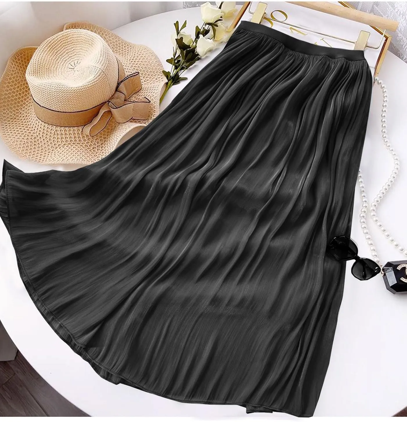 Women's Metallic Shiny Maxi Skirts Lightweight Silky Flowy Skirt for Summer Beach Holiday